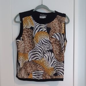 Salvatore Ferragamo Animal Print Sleeveless Top - Black, Brown, White
